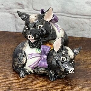 Otagiri Pig‎ Salt and Pepper Shakers Stacked Sunflower Purple Bow Ceramic